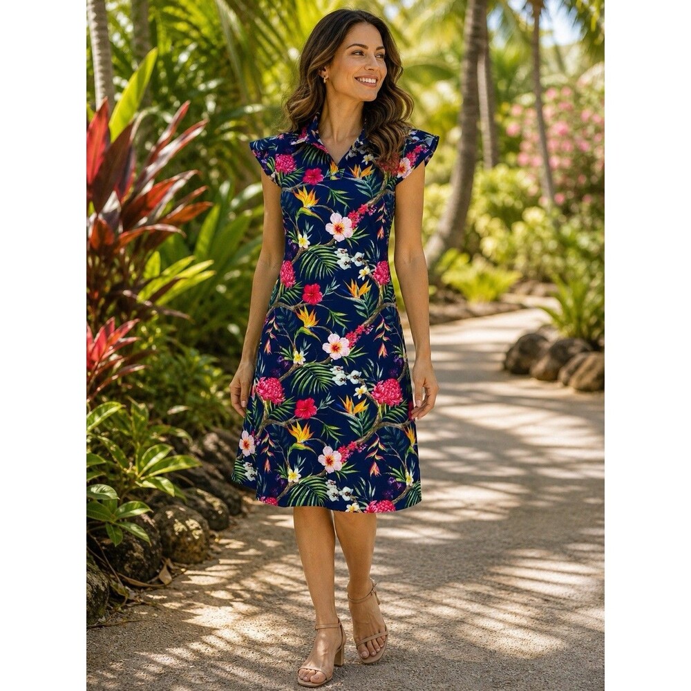 Gottex Tropical Floral Dress Navy‎ Bird Of Paradise Plumeria Flutter Sleeves XS